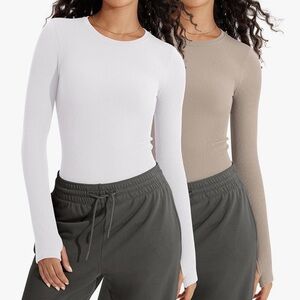 Amazon Ribbed Long-Sleeve Crewneck Top — White & Taupe